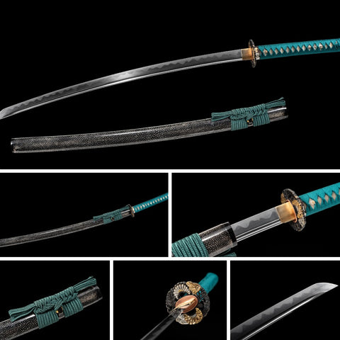 SWK-1015 Swordier “MarrsGreen” Pattern-Weld Samurai Katana, Clay Tempered Natural Hamon. SWK-1015 Swordier “MarrsGreen” Pattern-Weld Samurai Katana, Clay Tempered Natural Hamon.