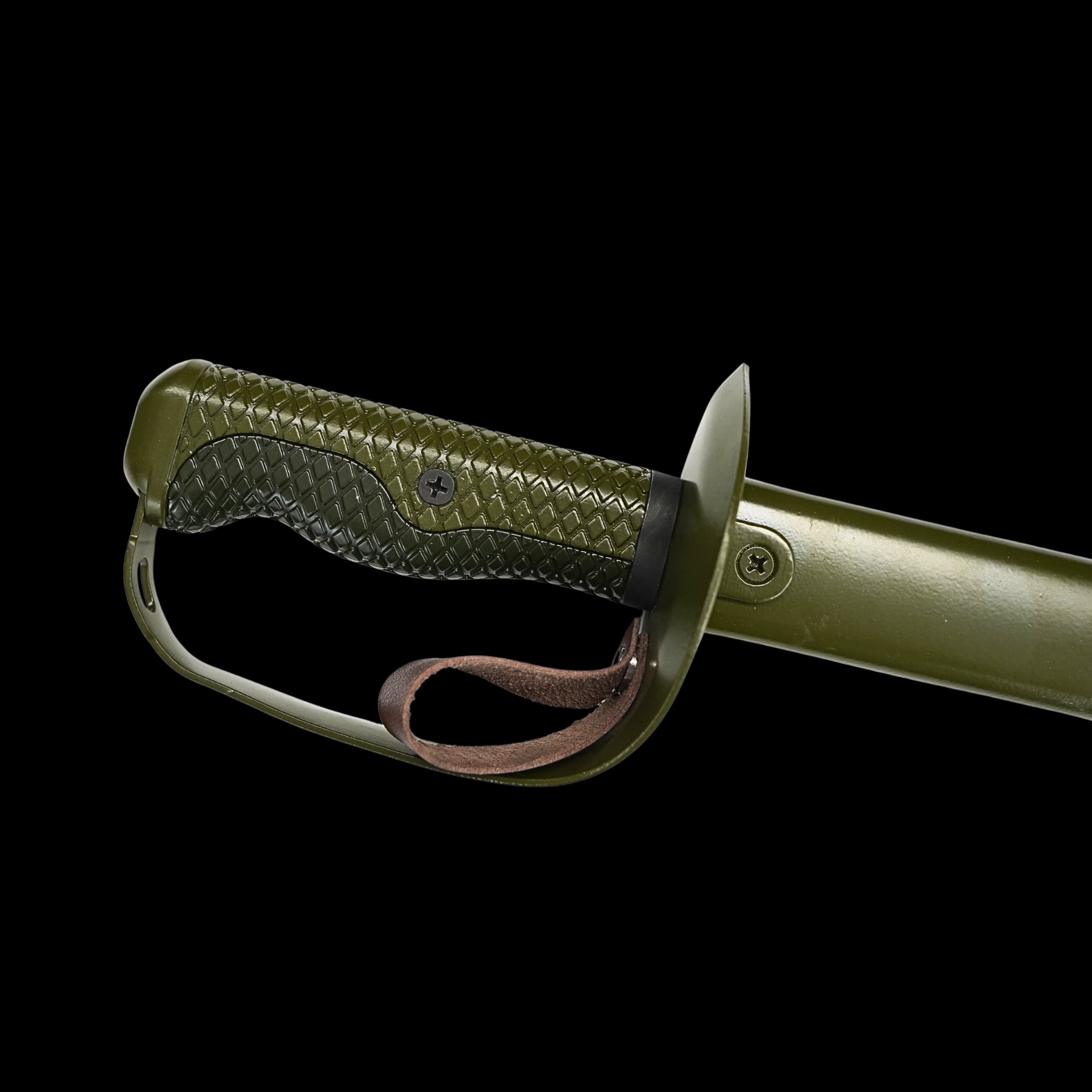 Sword with green handle and sheath on a black background