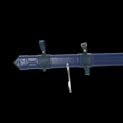 Blue sword with sheath on a black background