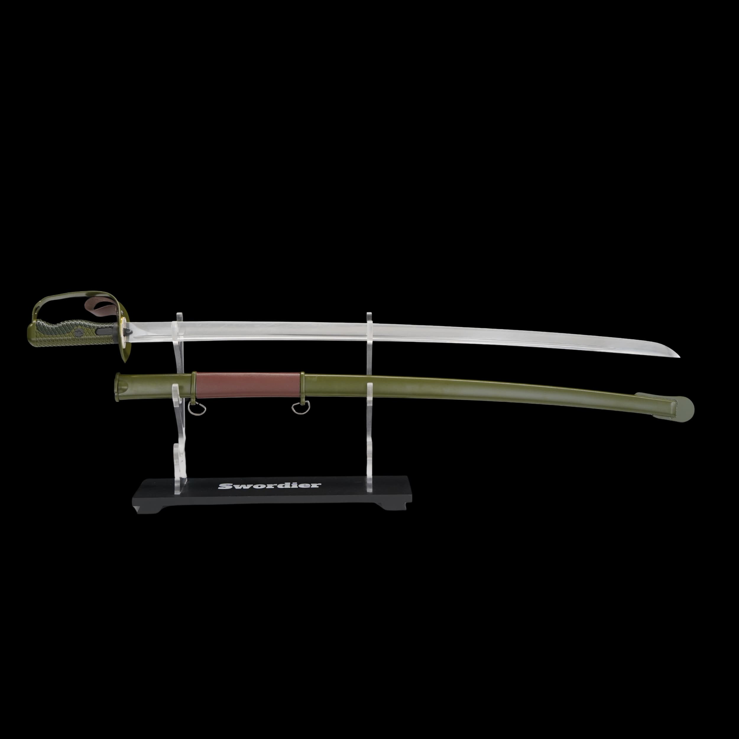 Sword with sheath on a stand against a black background