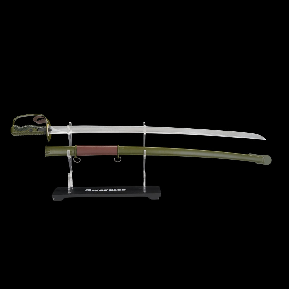 Sword with sheath on a stand against a black background