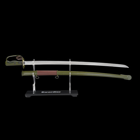 Sword with sheath on a stand against a black background