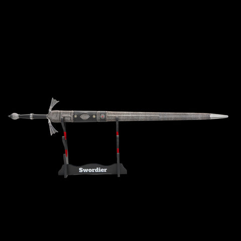 Decorative sword on a stand with 'Swordier' branding against a black background