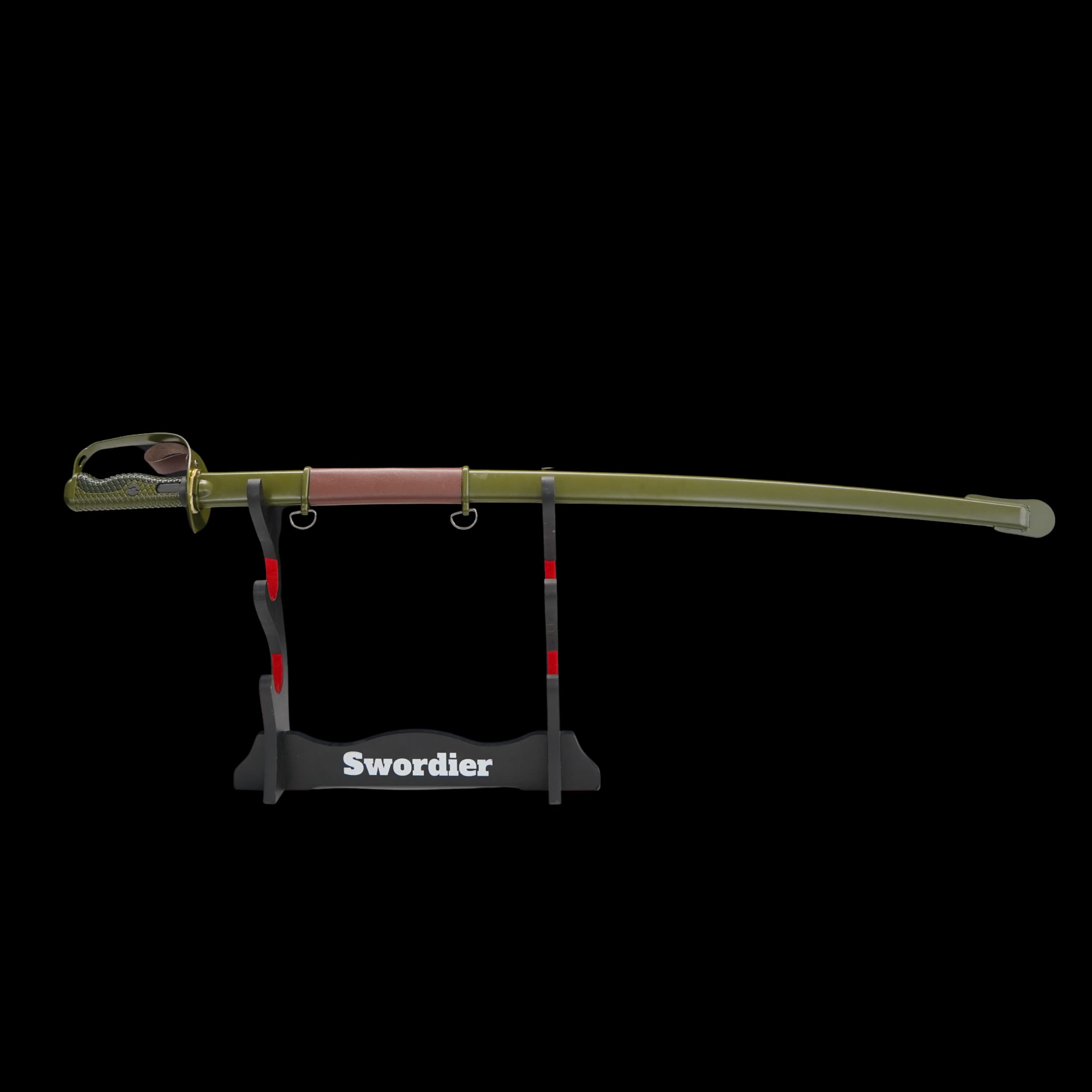 Sword on a stand with 'Swordier' branding against a black background