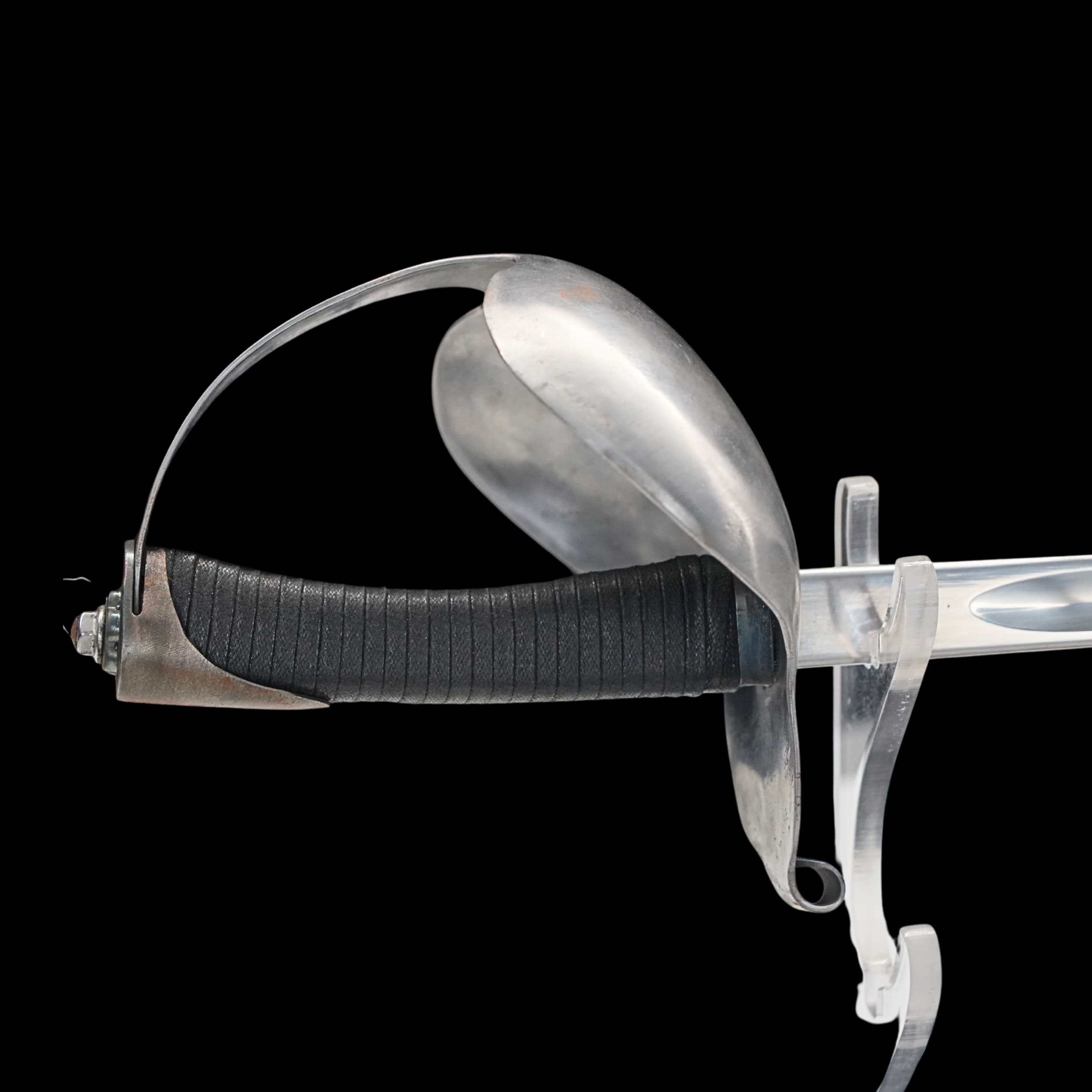Fencing sword with silver blade and black handle on a clear background