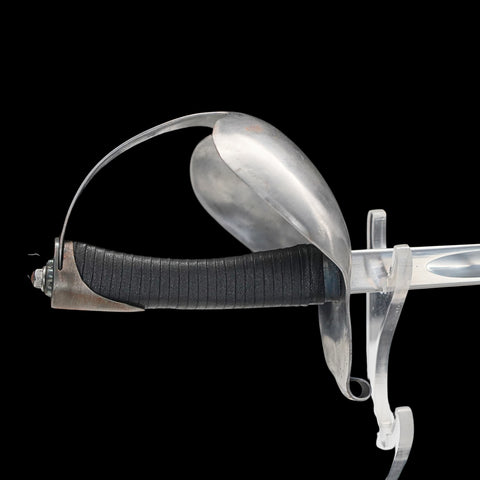 Fencing sword with silver blade and black handle on a clear background