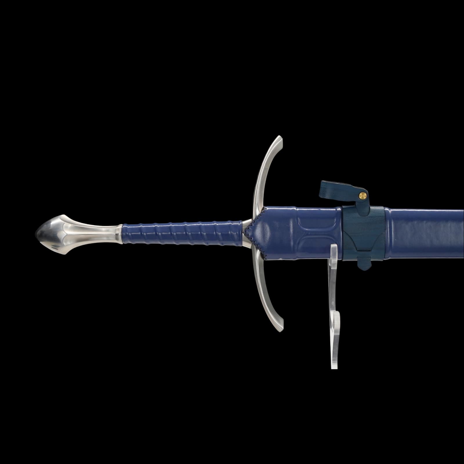 Blue sword with silver blade on a black background