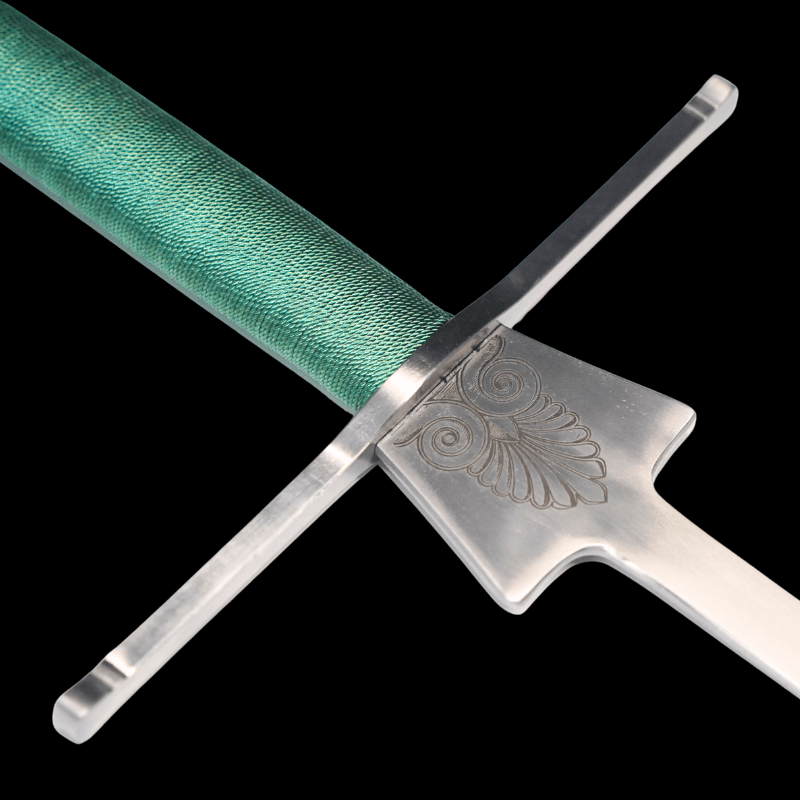 Sword with green sheath and silver blade on a black background