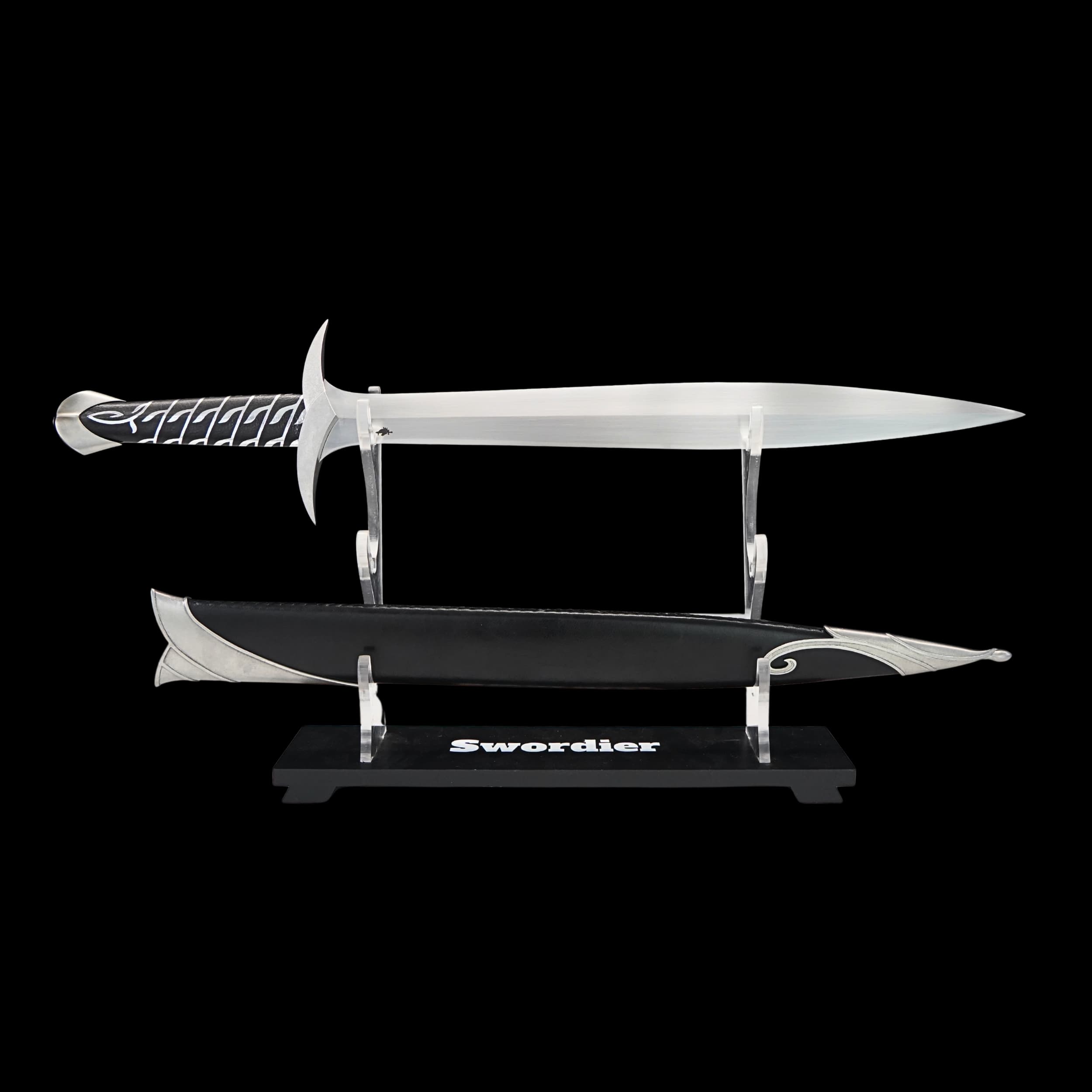 Sword on a stand with 'Swordier' branding against a black background