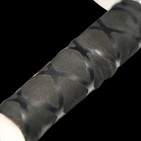 Close-up of a textured black handle with a white background