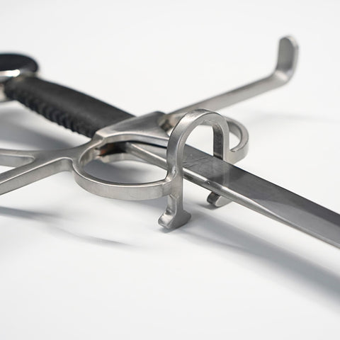 Close-up of a sword with a detailed hilt on a white background