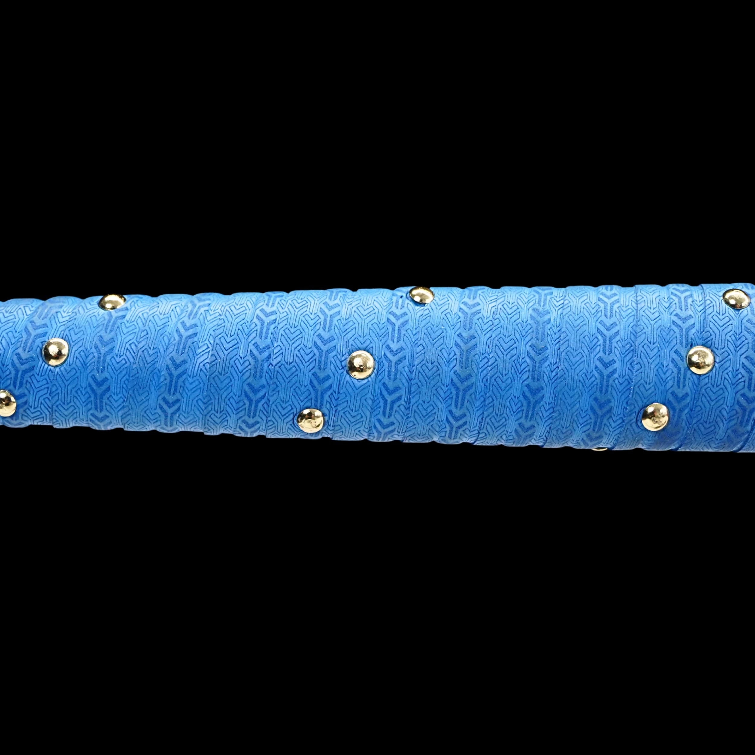Blue handlebar with gold studs on a black background