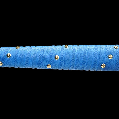 Blue handlebar with gold studs on a black background