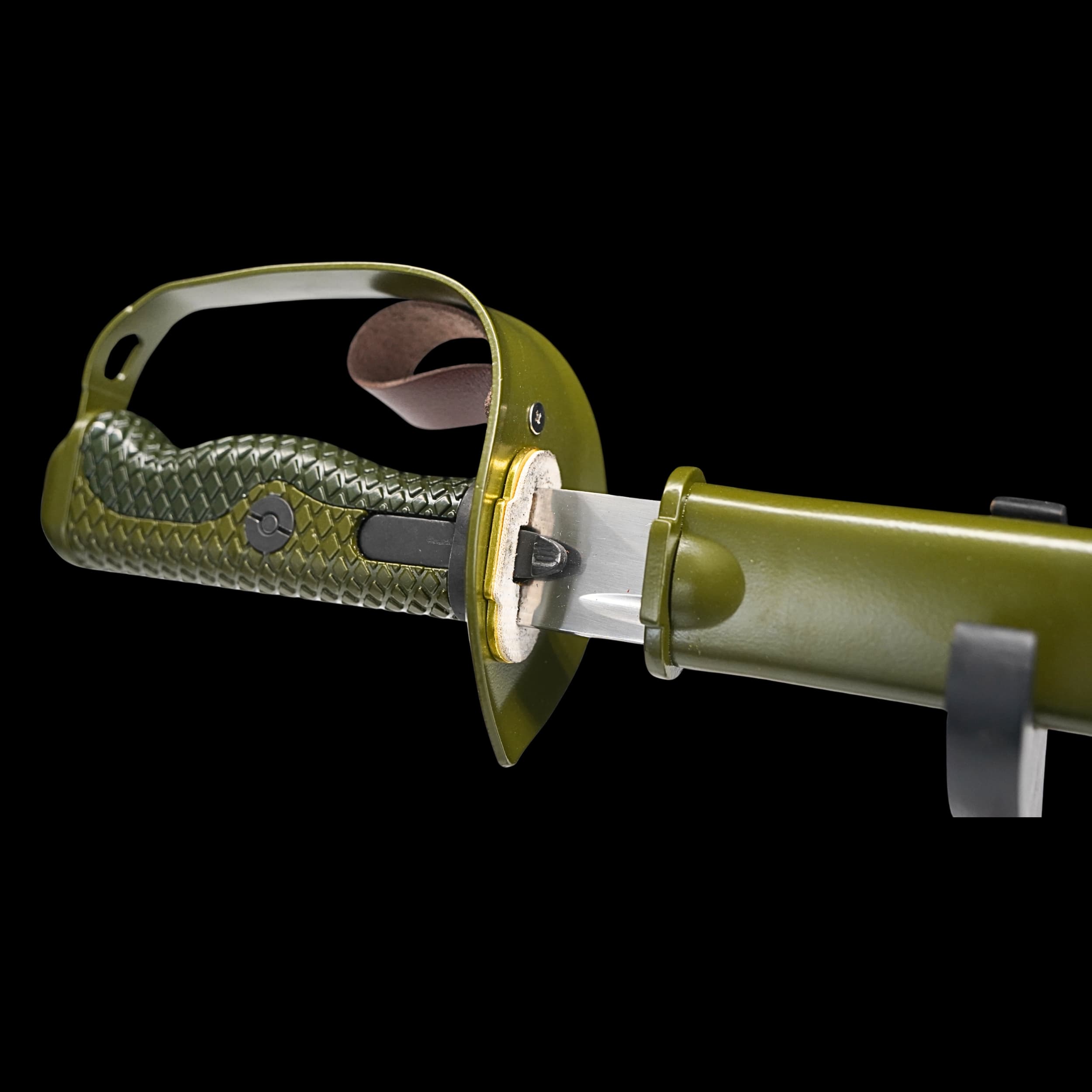 Close-up of a green sword with a textured handle on a black background