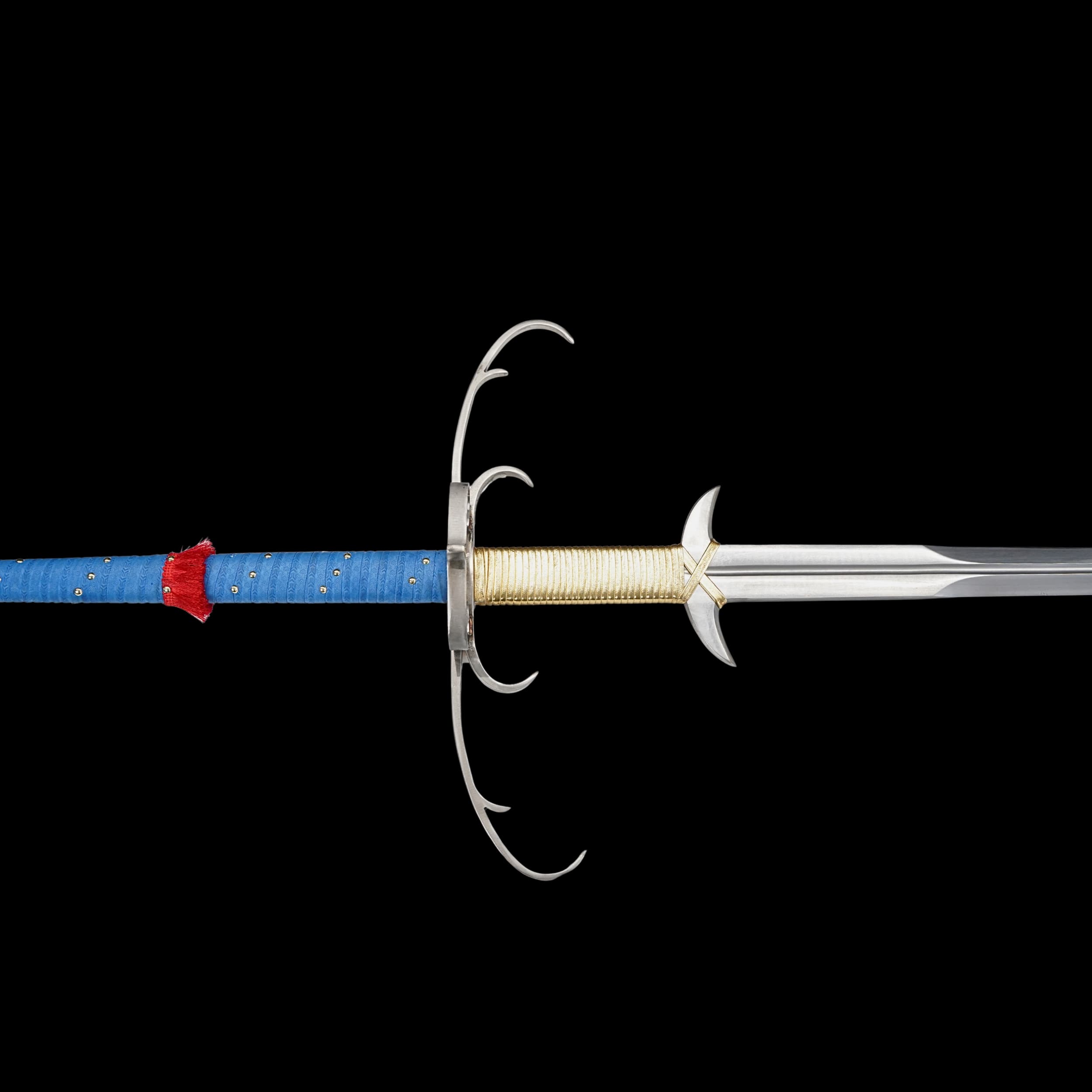 Sword with blue handle and silver blade on a black background